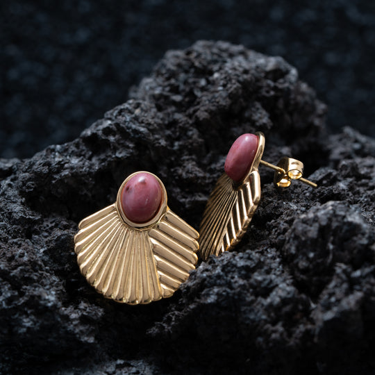 Gold Plated Ornate Rhodochrosite Stud Earrings