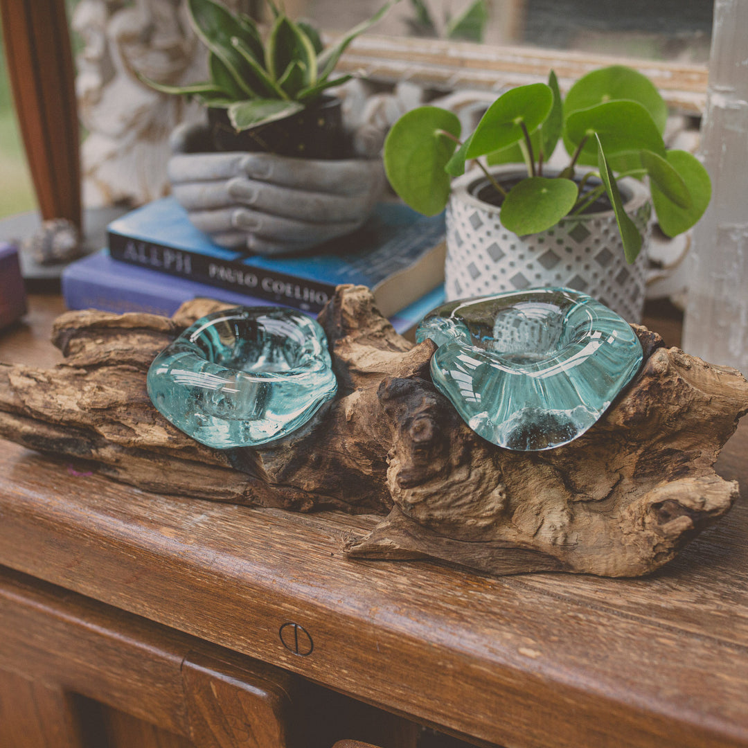 Recycled Glass on Wood Double T-Lite Holder