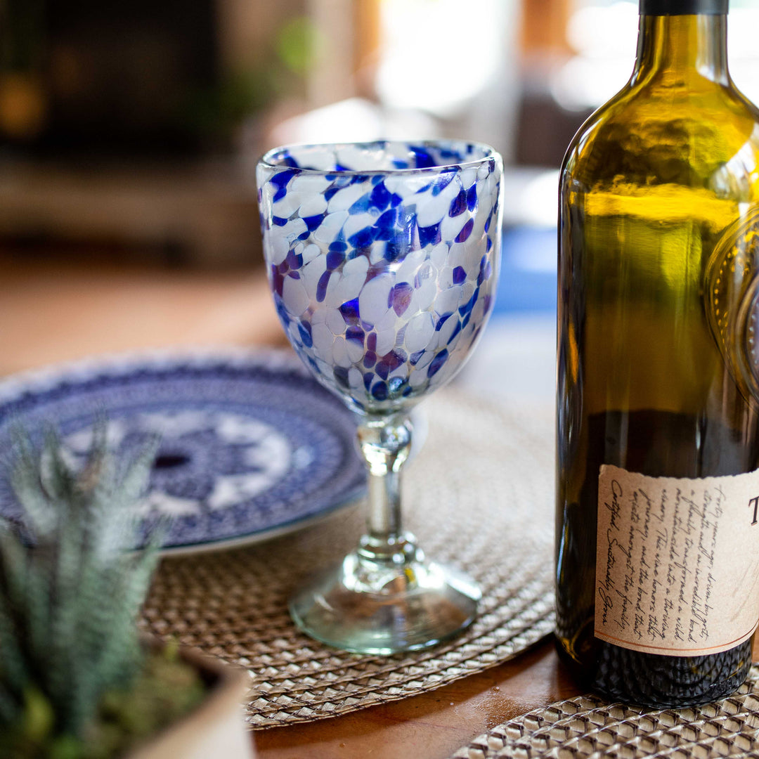 Mexican Wine Glass - Blue White Dot Lustre - 7"