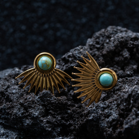 Gold Plated Sunburst Turquoise Stud Earrings