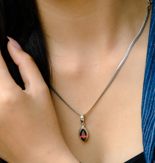 Almond Garnet and Silver Pendant