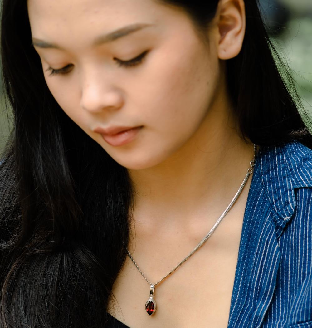 Almond Garnet and Silver Pendant