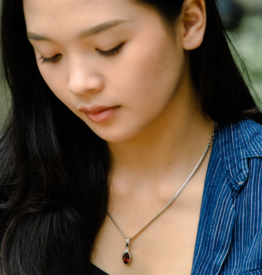 Almond Garnet and Silver Pendant