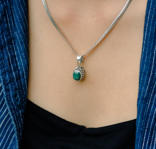 Ornate Malachite and Silver Pendant
