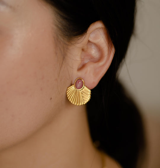 Gold Plated Ornate Rhodochrosite Stud Earrings