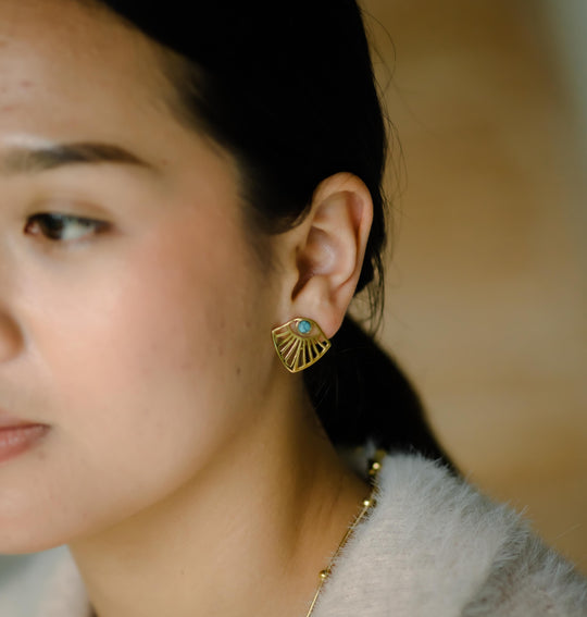 Gold Plated Ornate Turquoise Stud Earrings