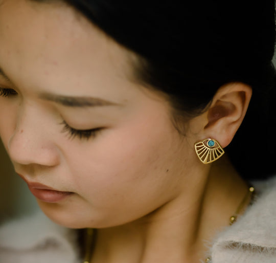 Gold Plated Ornate Turquoise Stud Earrings