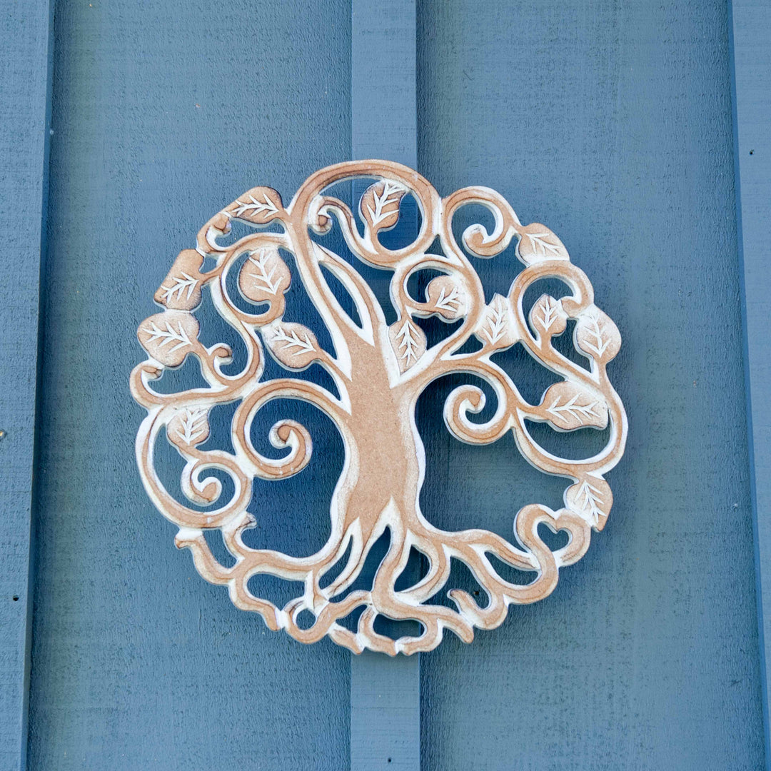 Panneau en bois de feuilles d'arbre de vie blanc délavé