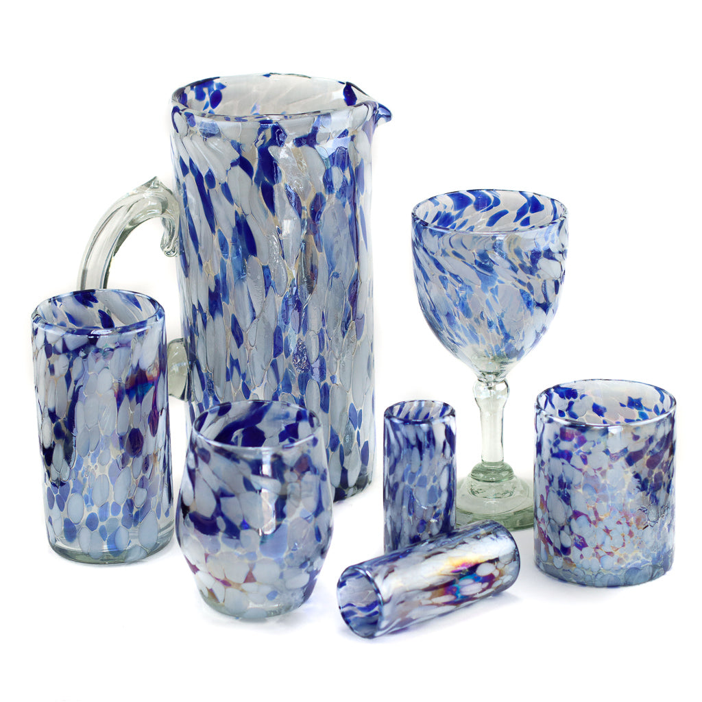 Mexican Stemless Wine Glass - Blue White Dot Lustre - 4.5"