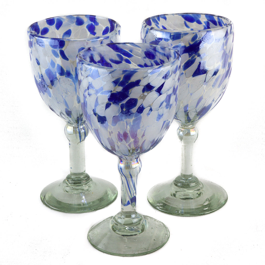 Mexican Wine Glass - Blue White Dot Lustre - 7"