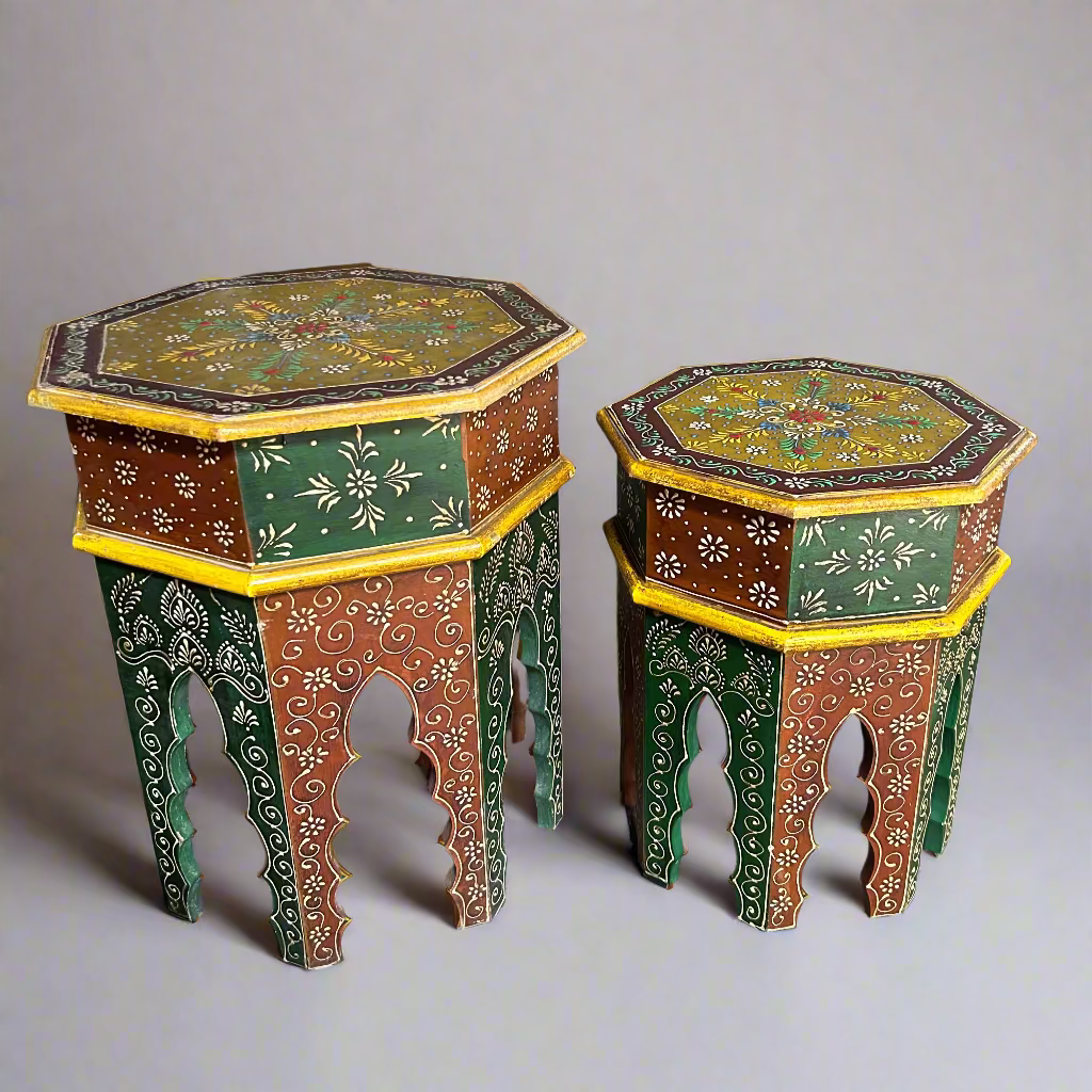 Two octagonal tables with floral patterns