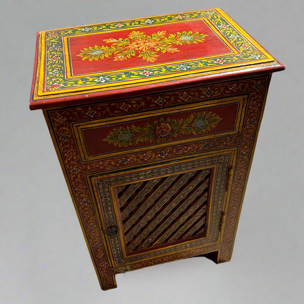 Decorative wooden side table with colorful design