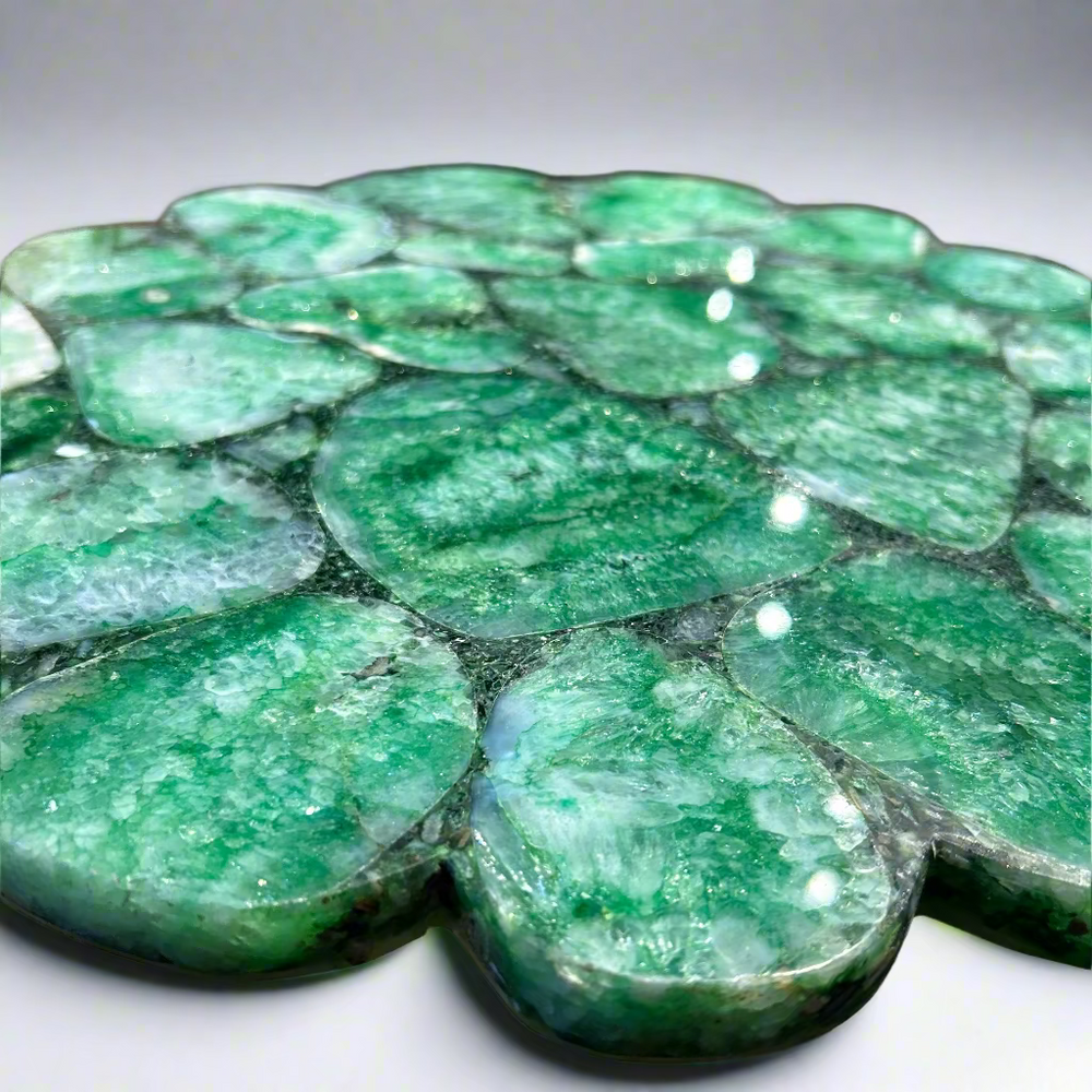 Green leaf-patterned table top with a blurred background