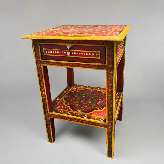 Decorative wooden side table with colorful patterns