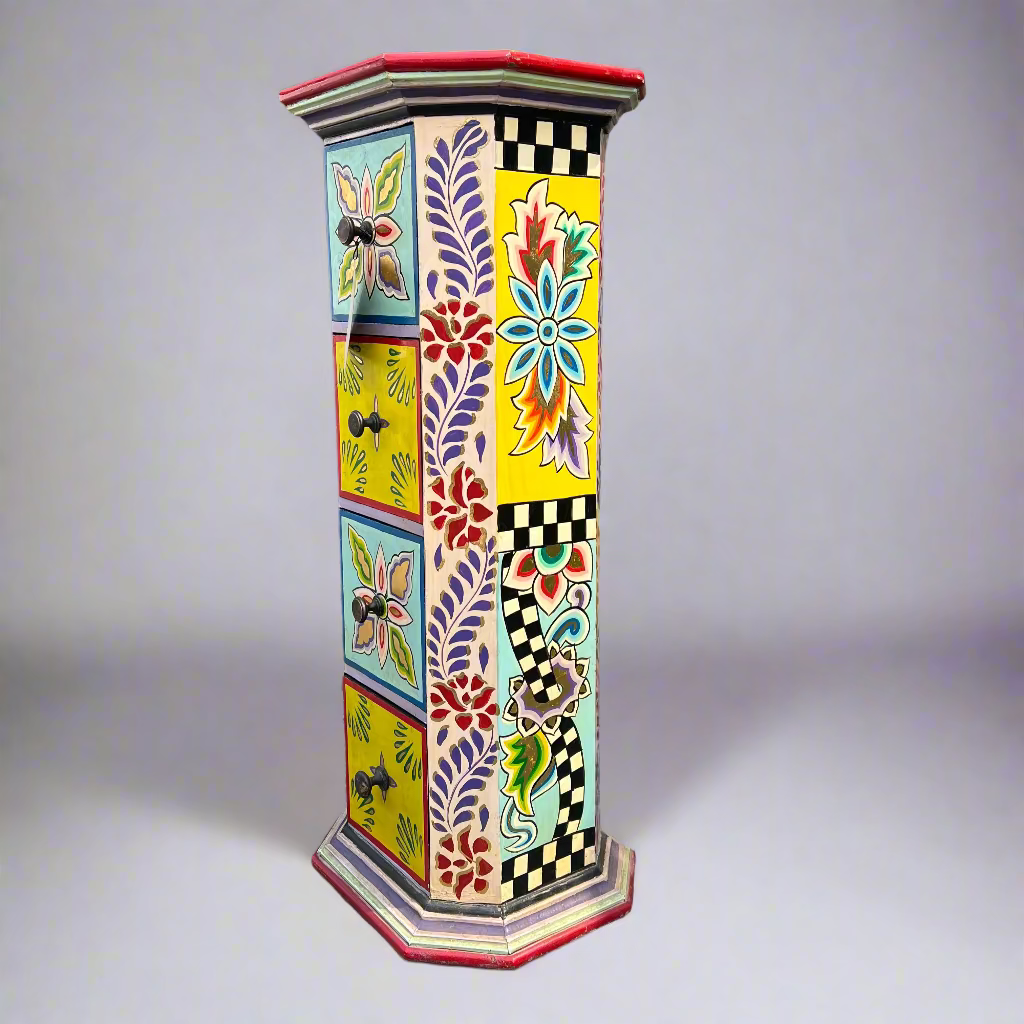 Decorative hexagonal column with colorful floral patterns