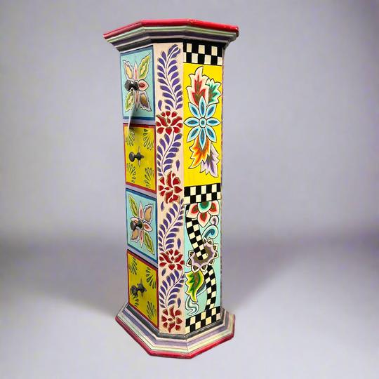 Decorative hexagonal column with colorful floral patterns