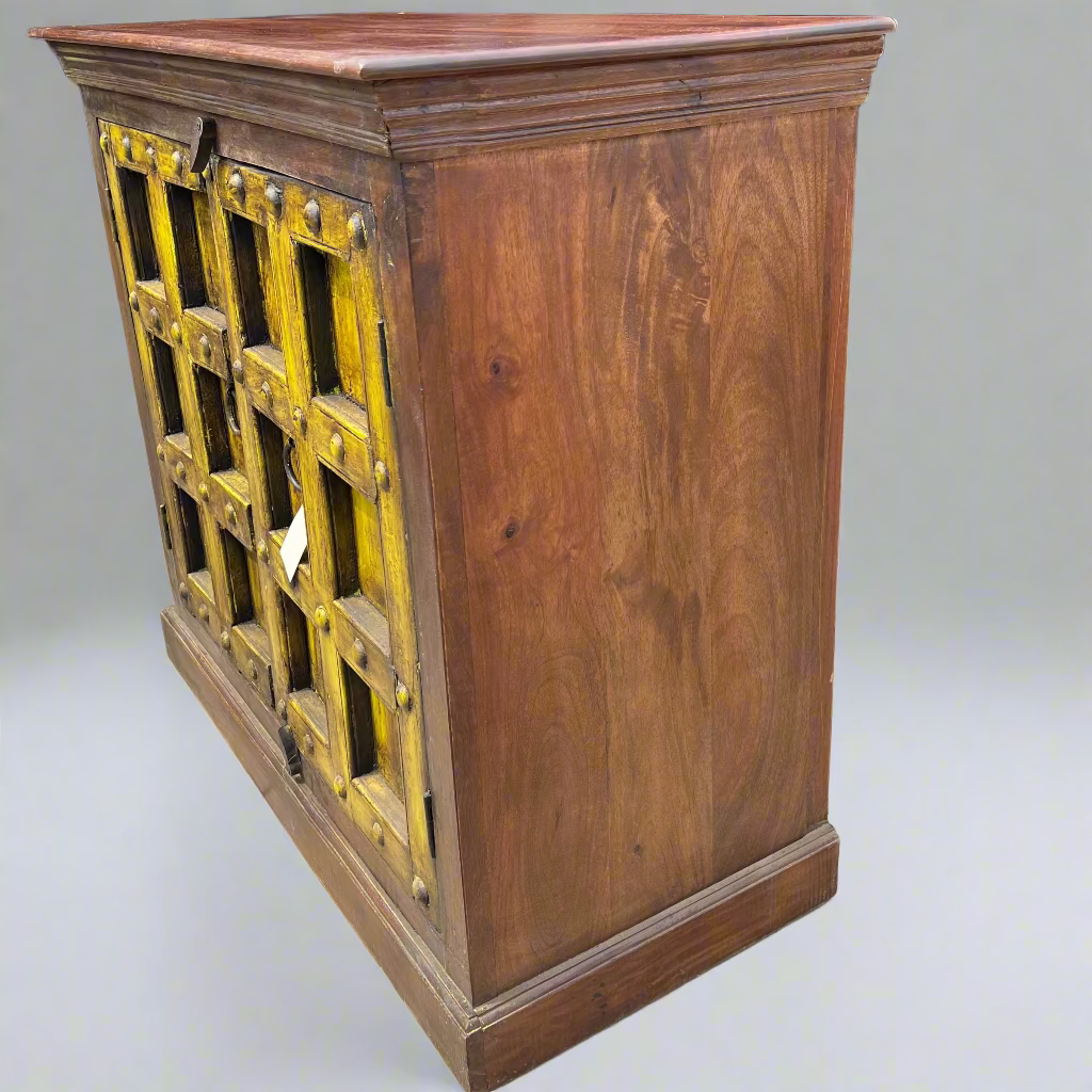 Wooden cabinet with yellow lattice design