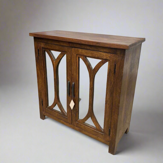 Wooden cabinet with decorative glass doors