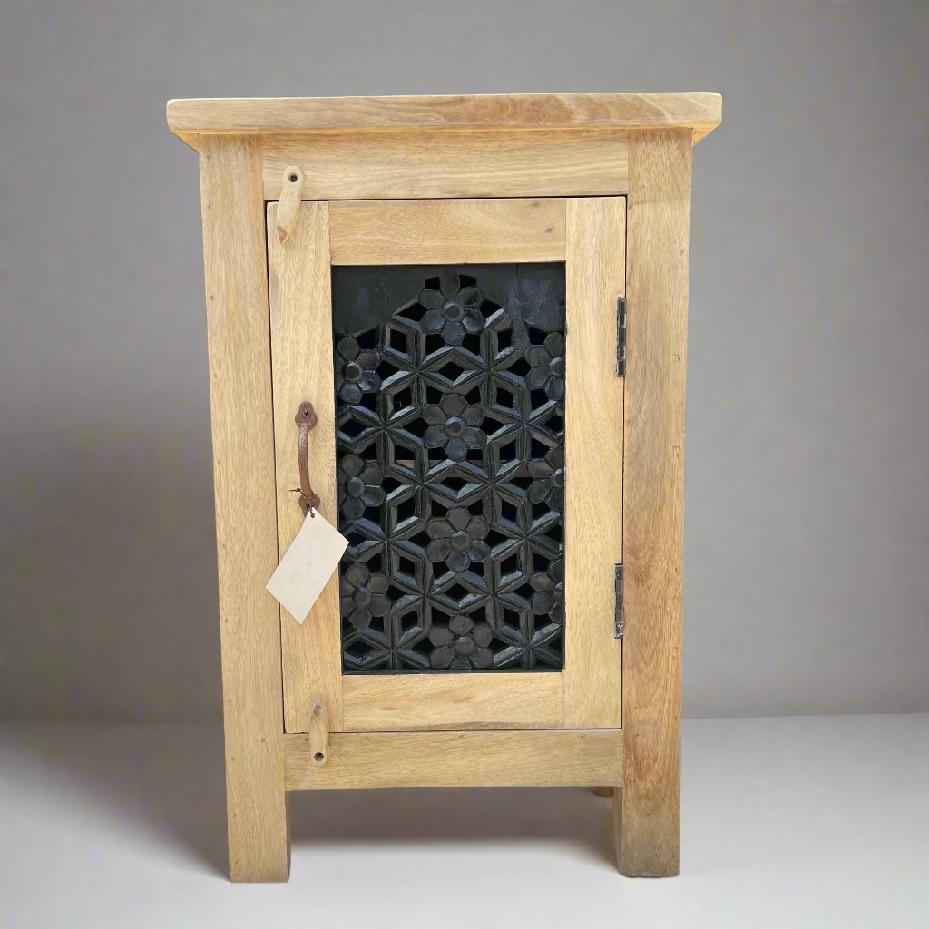 Wooden cabinet with decorative metal grille