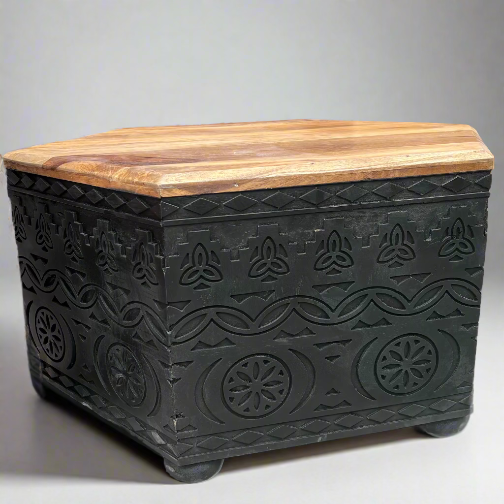 Decorative black table with a wooden top