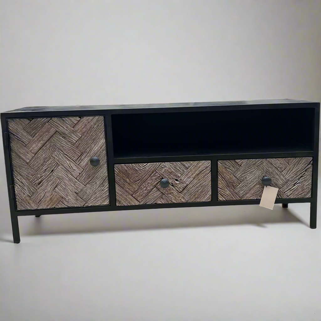 iron TV stand with herringbone pattern