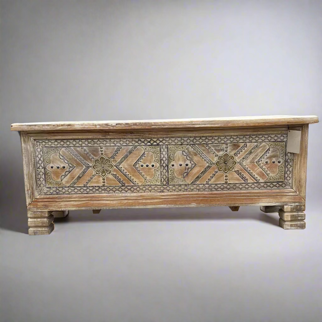 Decorative wooden bench with geometric patterns