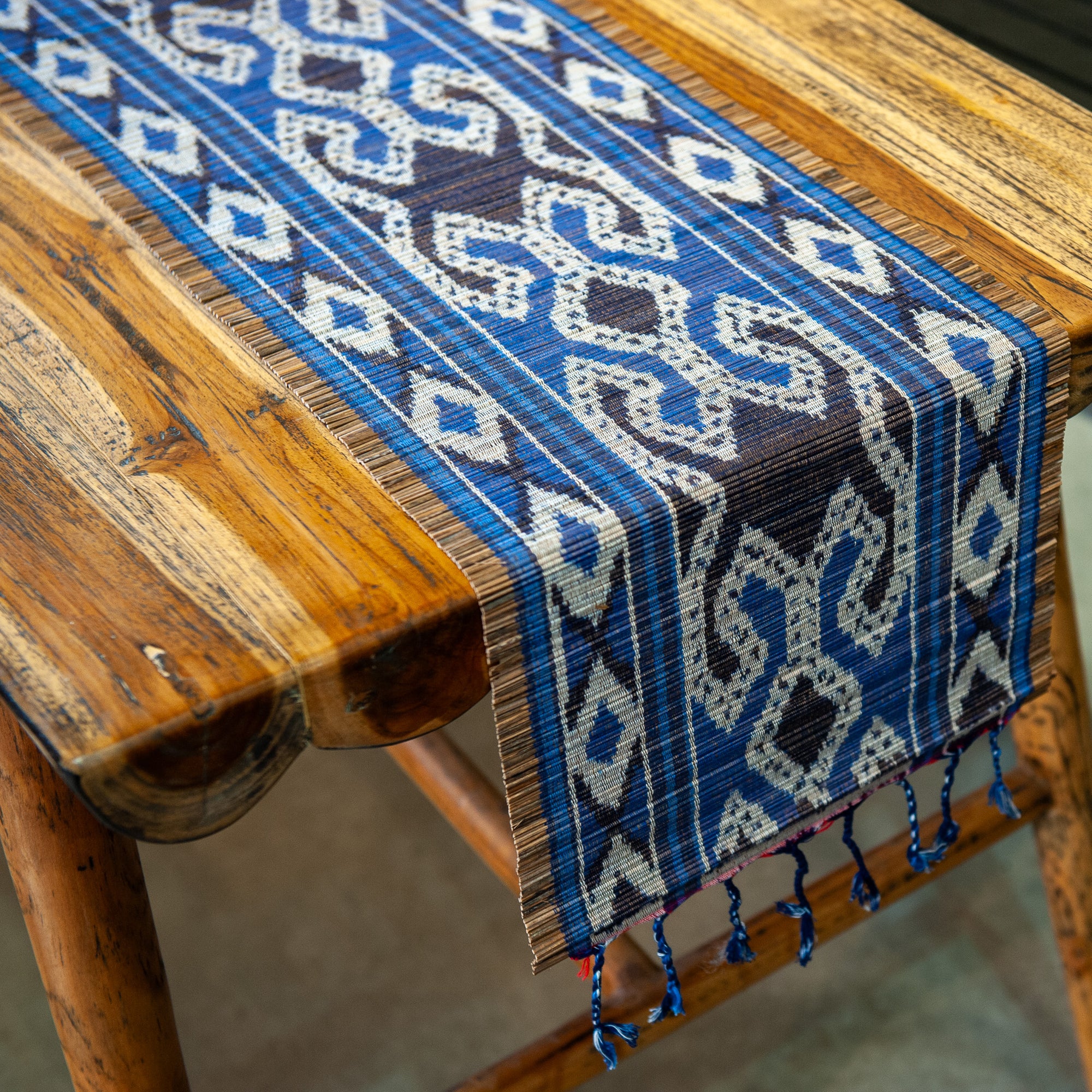 Ikat Weave on Bamboo Table Runner - Blue/Black