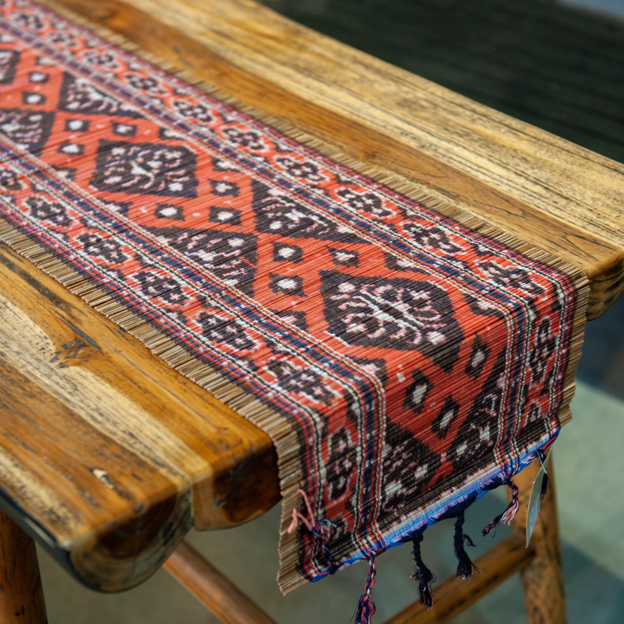 Ikat Weave on Bamboo Table Runner - Red – One World Bazaar