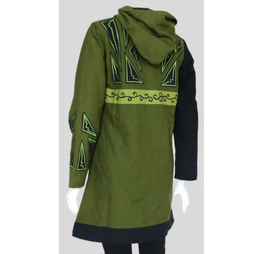 Green hooded jacket with decorative elements on a white background