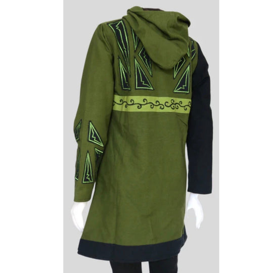 Green hooded jacket with decorative elements on a white background