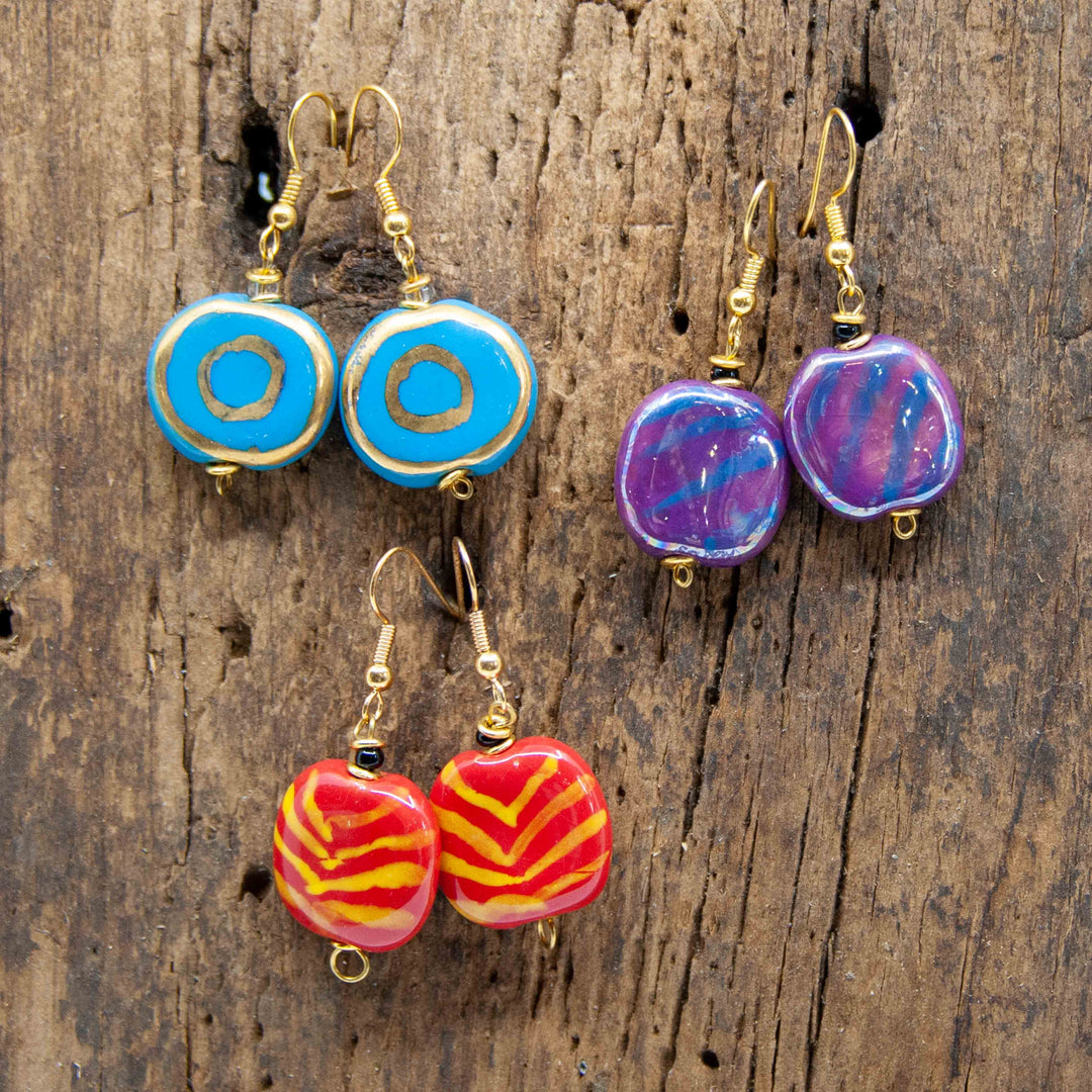 Kazuri Flat Coin Earrings - Pattern - Large