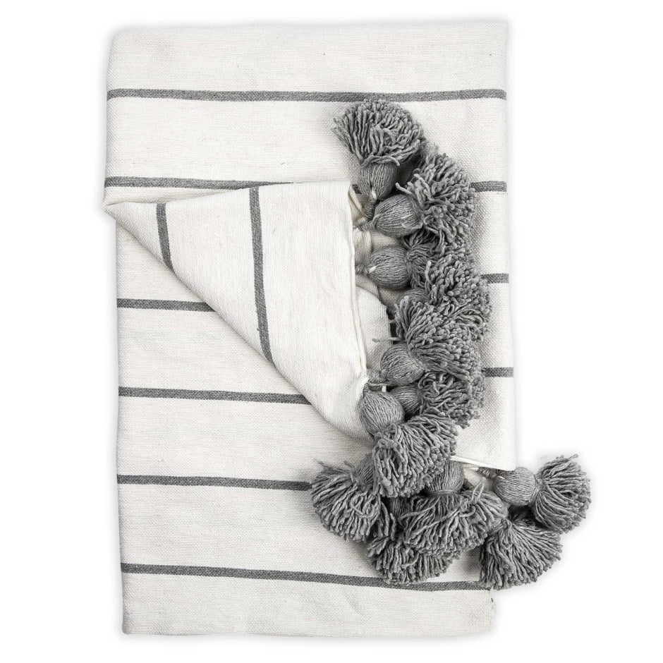 Classic Light Grey Striped Moroccan Pom Pom Throw One World Bazaar