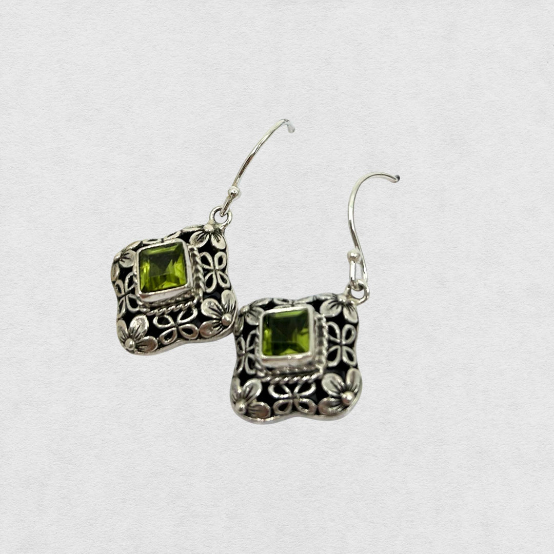 Peridot Square Floral Silver Earrings