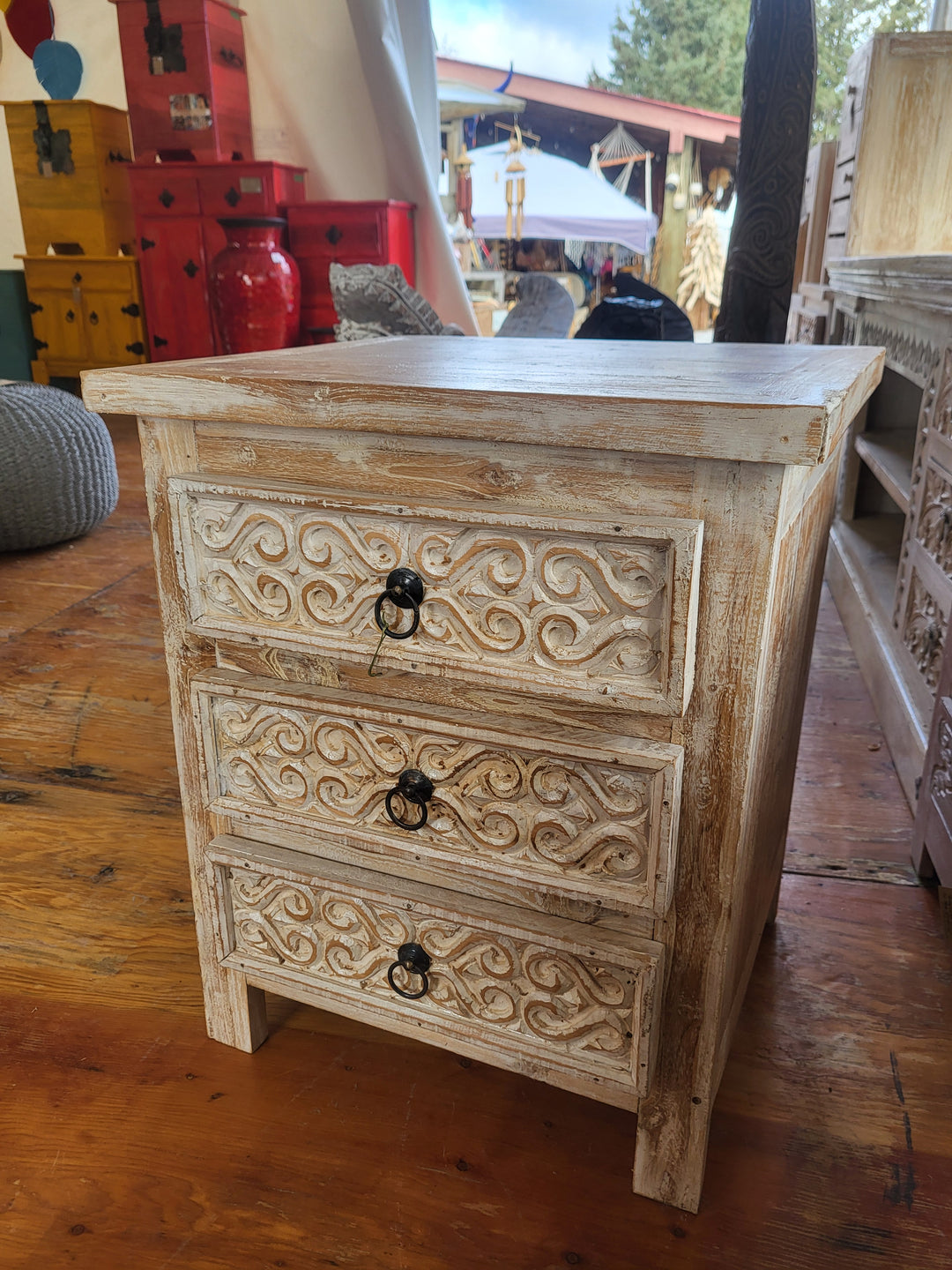 Teak White Wash Bedside Table