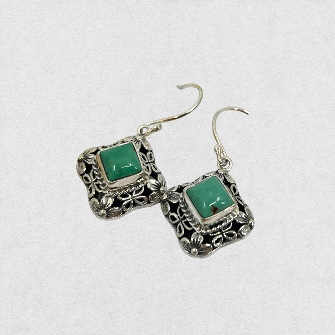 Turquoise Square Floral Silver Earrings