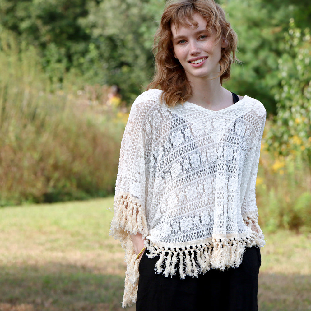 White Lace Fringed Short Poncho