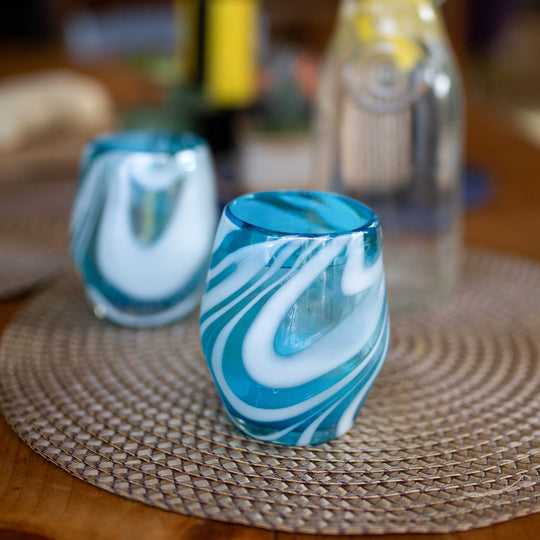 Mexican Stemless Wine Glass - Aqua & White Swirl Lustre - 4.5"