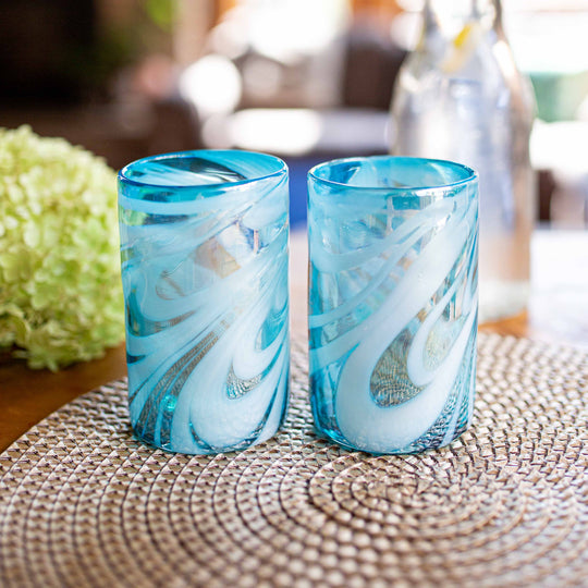 Verre à eau mexicain, Aqua & White Swirl Luster, 5"