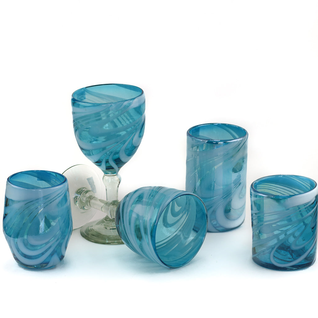 Mexican Stemless Wine Glass - Aqua & White Swirl Lustre - 4.5"