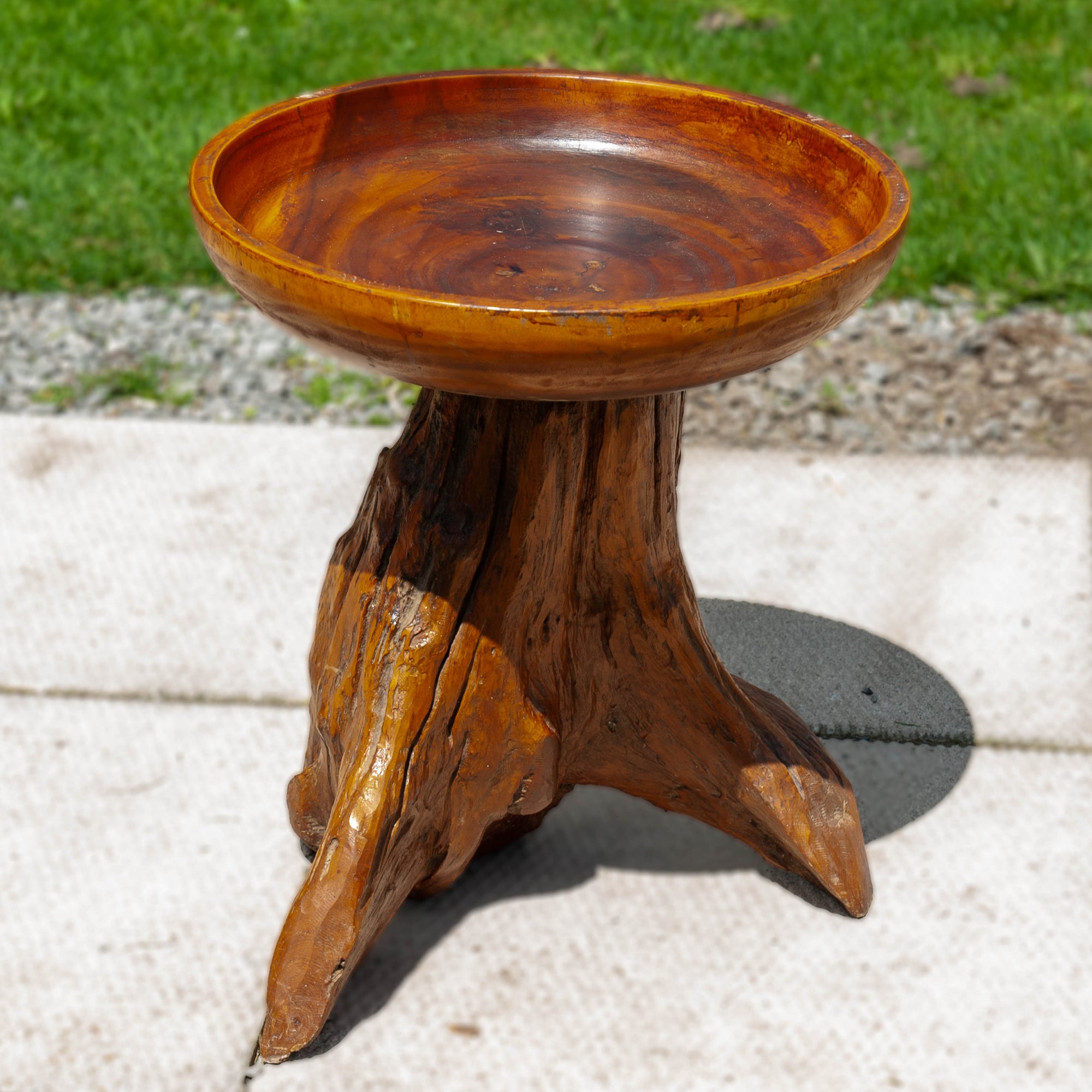 A teak bird bath shaped table on a teak root base