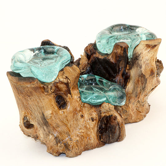 Recycled Glass on Wood Triple T-Lite Holder
