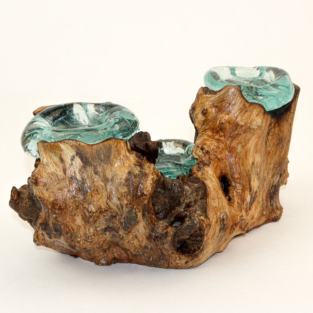 Recycled Glass on Wood Triple T-Lite Holder
