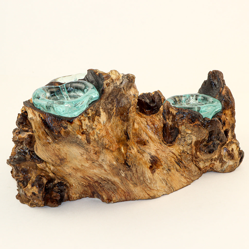 Recycled Glass on Wood Double T-Lite Holder