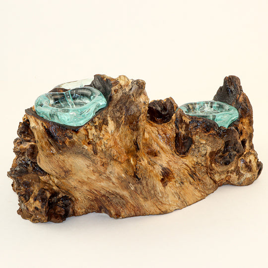 Recycled Glass on Wood Double T-Lite Holder