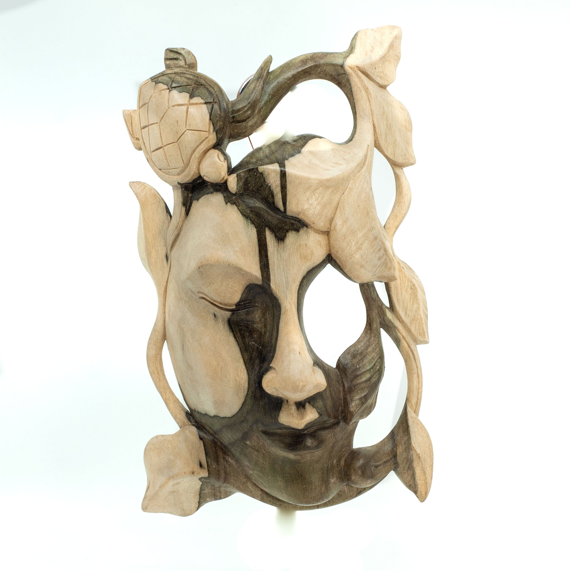 Hibiscus Wood mask featuring turtle in green and natural wood 