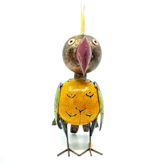 Metal cockatoo style bird in bright colours mostly yellow on white background