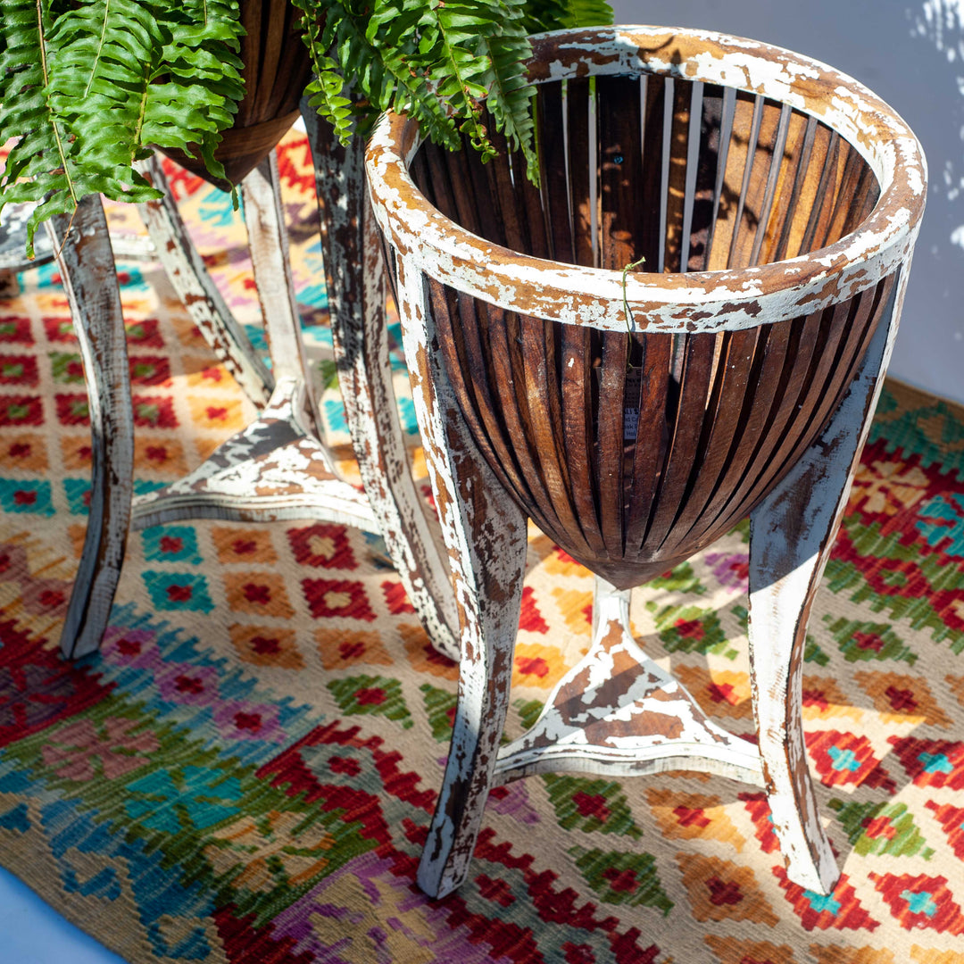 Teak Plant Stand - White Wash