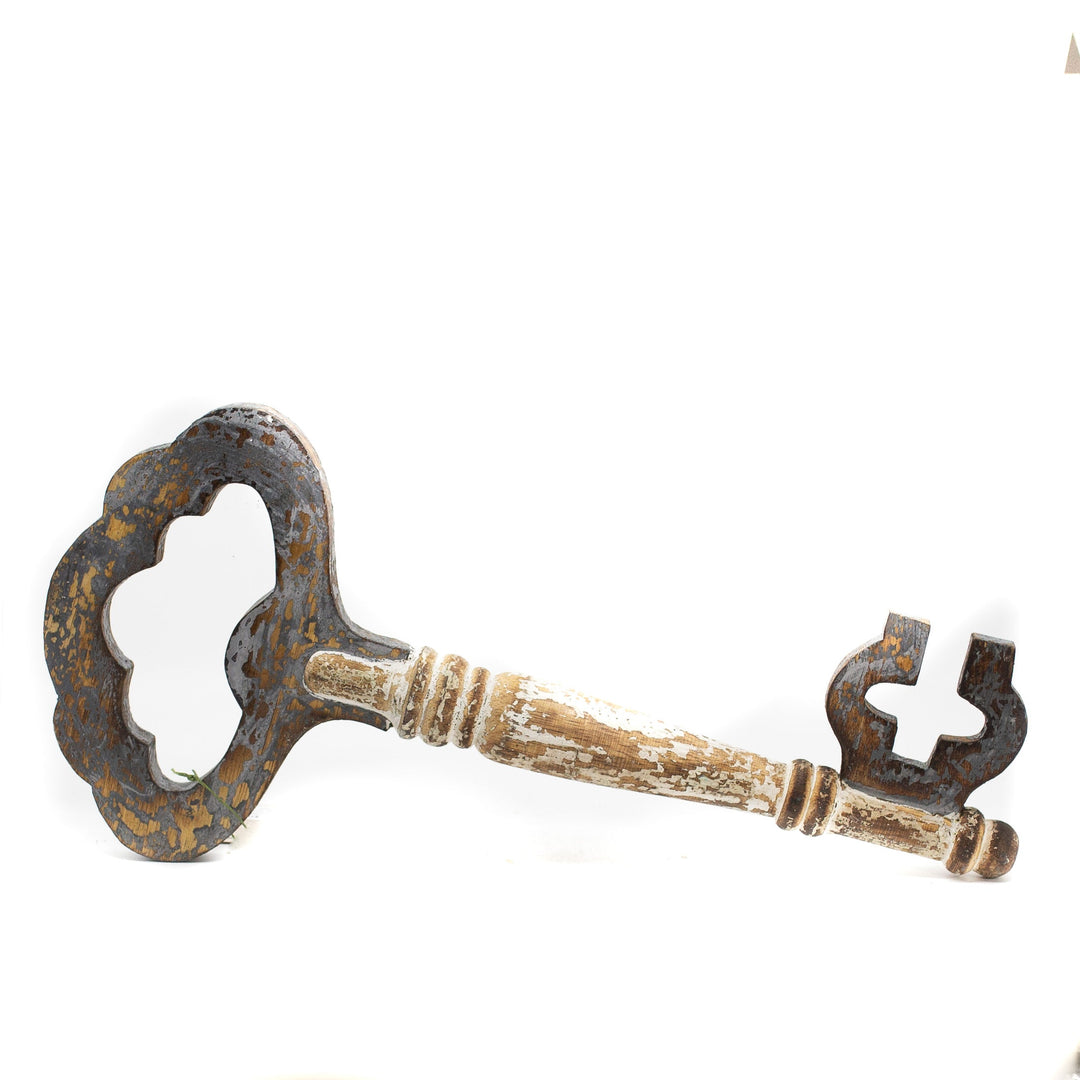 Wooden key in a gray colour on white background