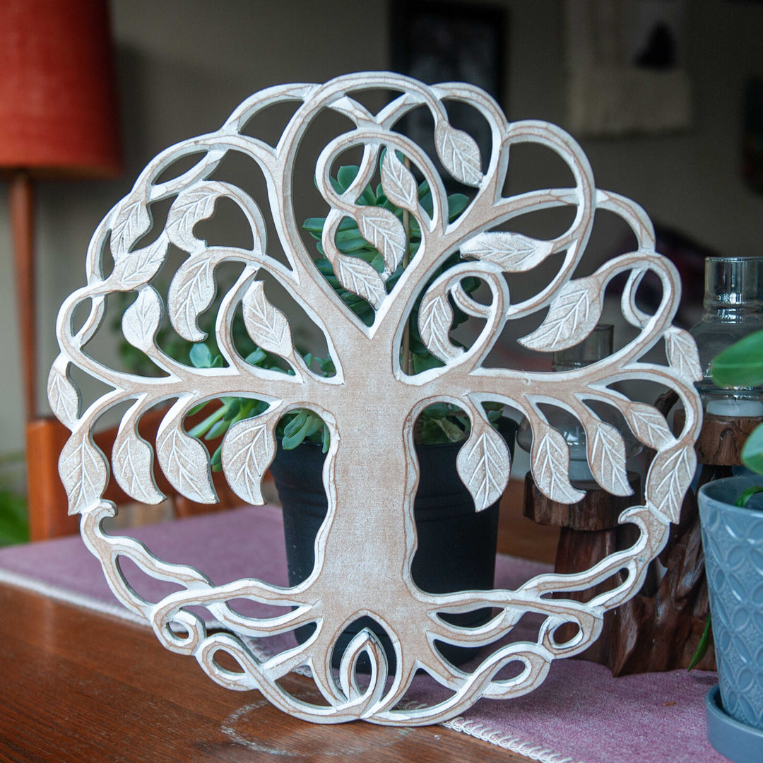 Panneau en bois de feuilles d'arbre de vie blanc délavé
