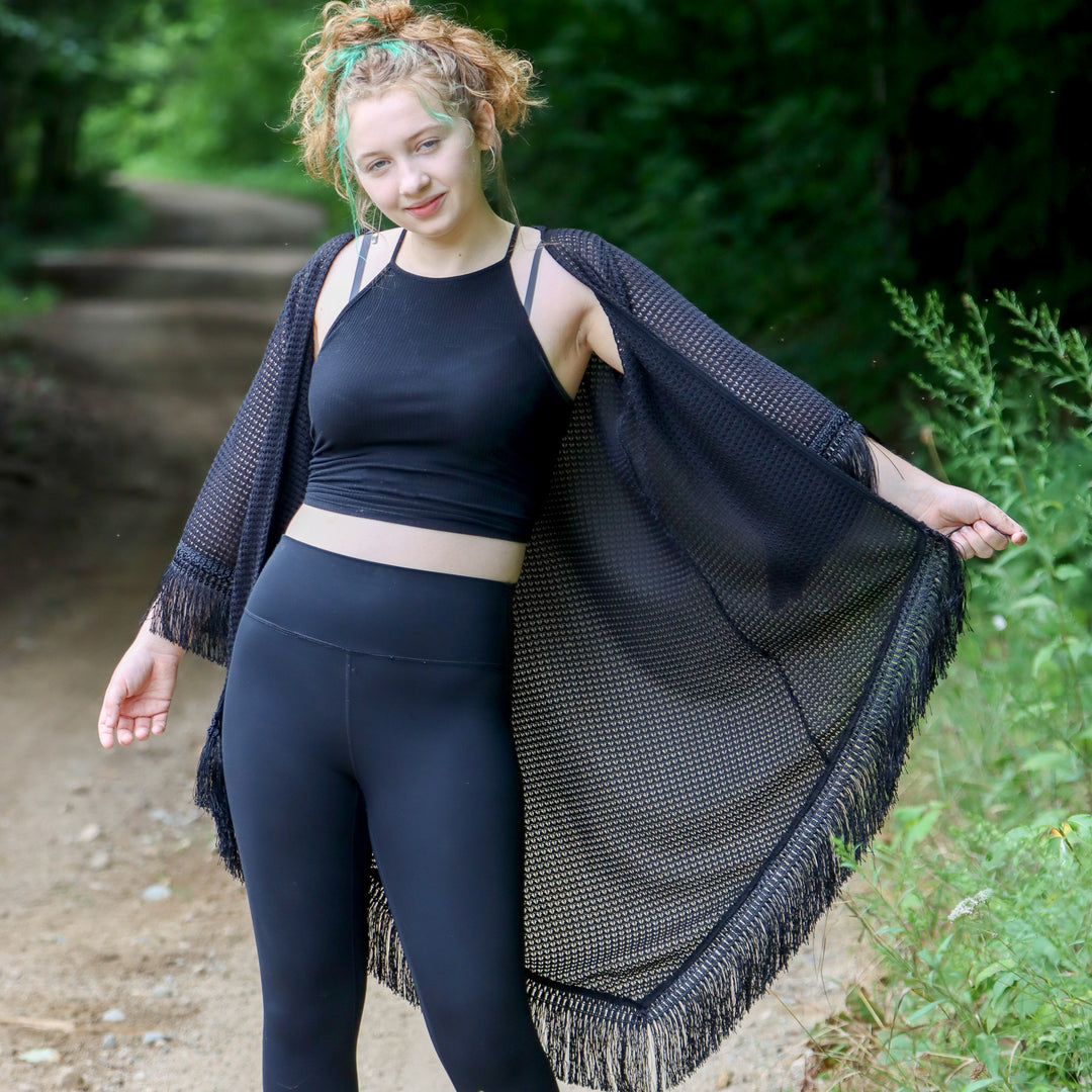 Black Crochet Fringed Kimono